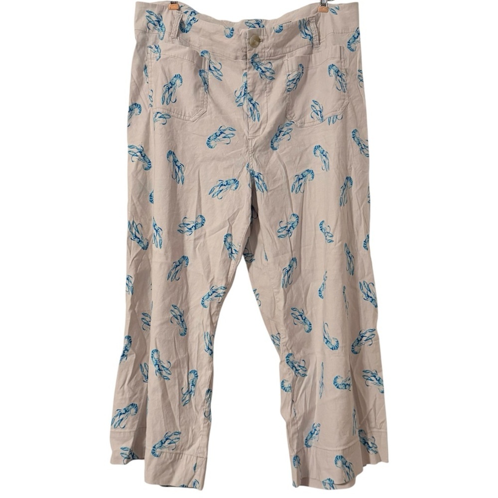 Maeve Anthropologie Colette Cropped Wide Leg Ivory Pants Blue Lobster Print 16W - Picture 2 of 15